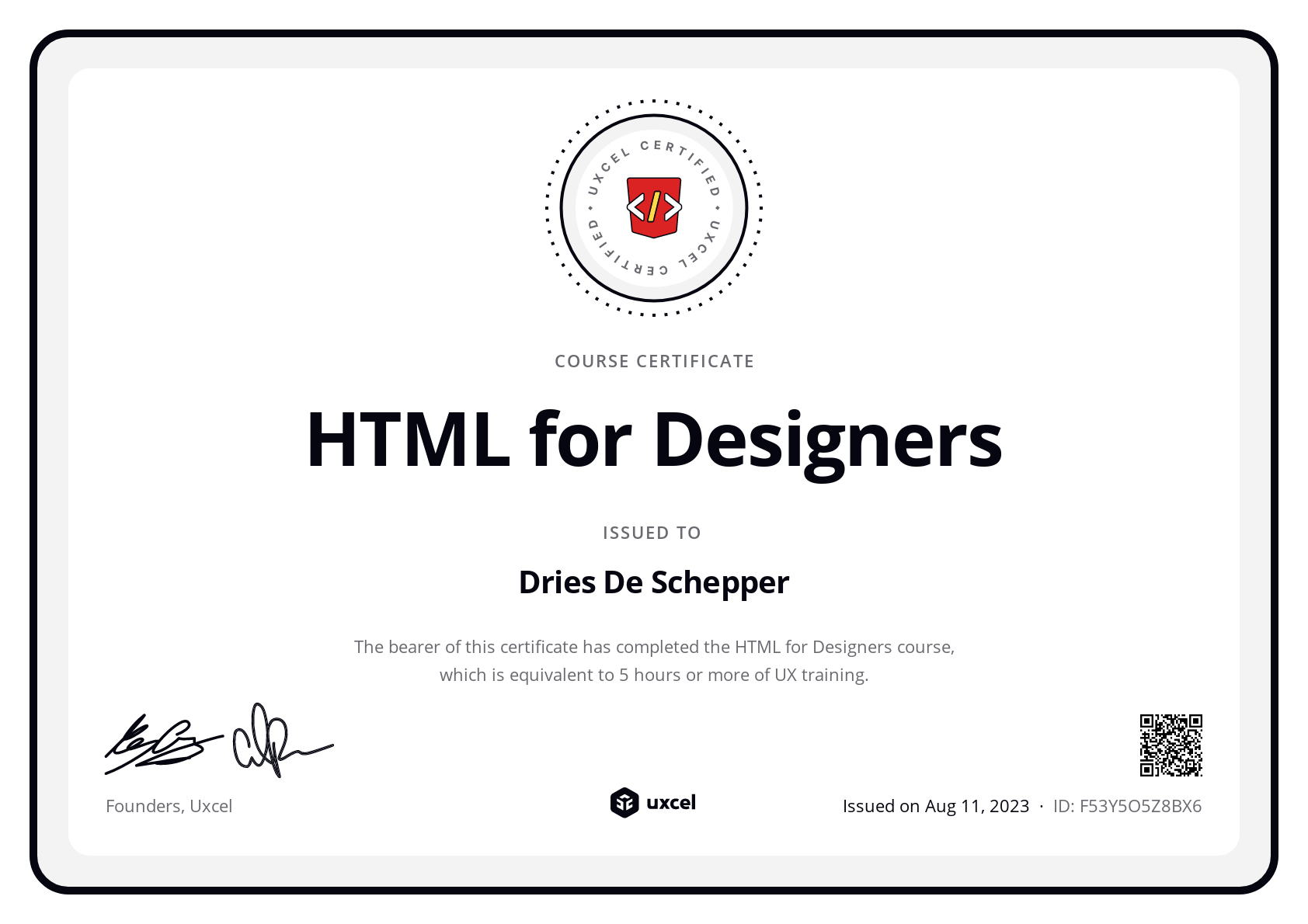 Dries De Schepper's certificate